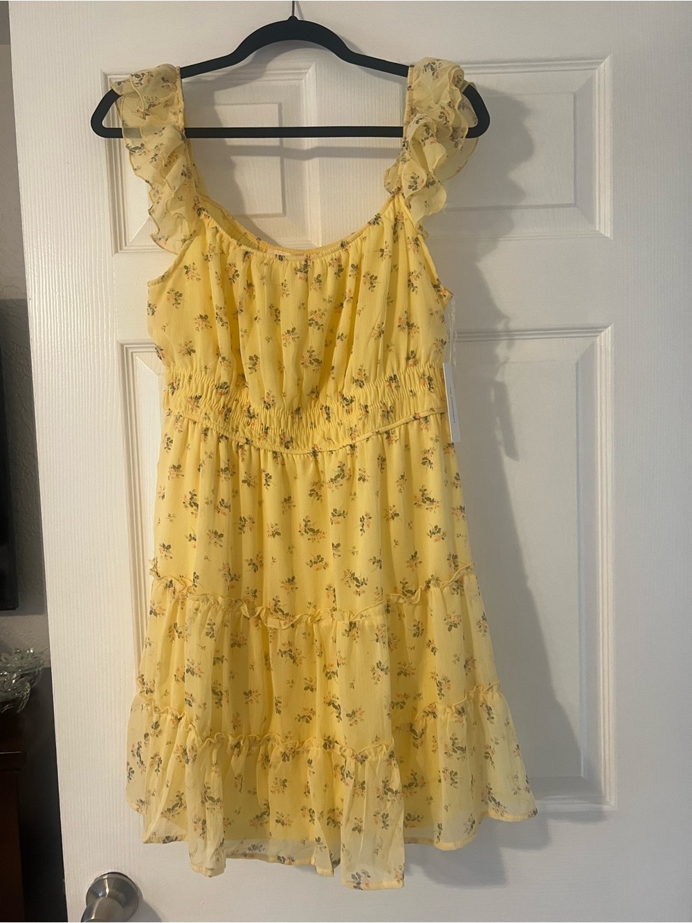 Yellow Floral Ruffle Strap Mini Dress